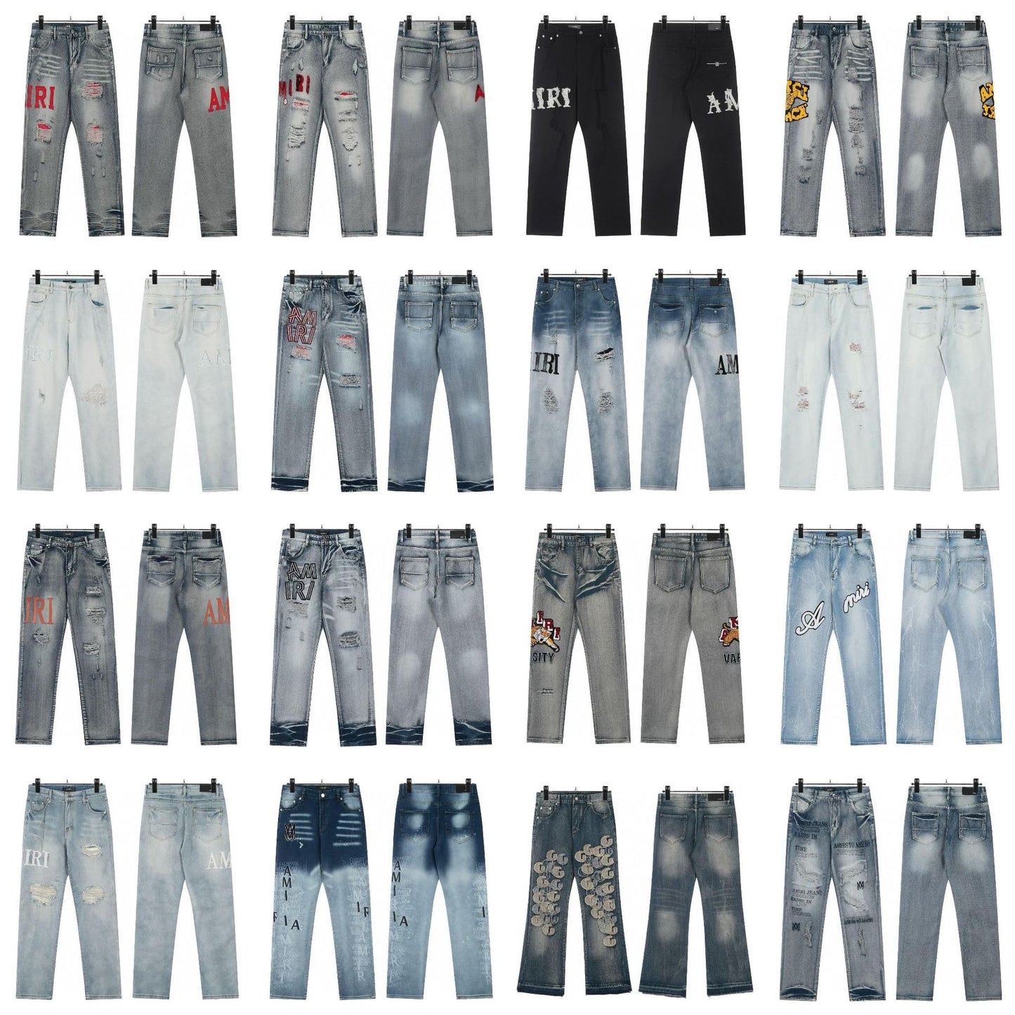Cross-Border Foreign Trade AM American High Street Ripped Patch Letter Embroidery Washed Slim Straight Skinny Jeans Long Pants