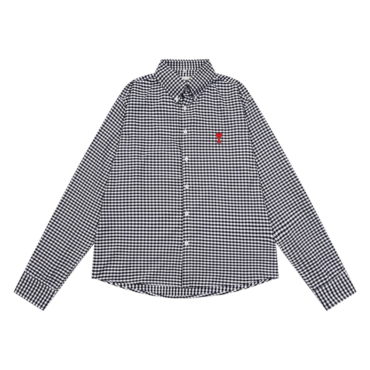 Trendy Brand Am* Small Heart Embroidered Shirt Casual Loose Fit Unisex Couple Style Amy Cotton Long Sleeve Top(2)