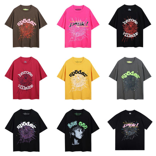 2024 New European and American Fashion Brand Male and Female Couples Wear plus Size Loose SP5-Der Spider Web Printed Short Sleeve T-shirt