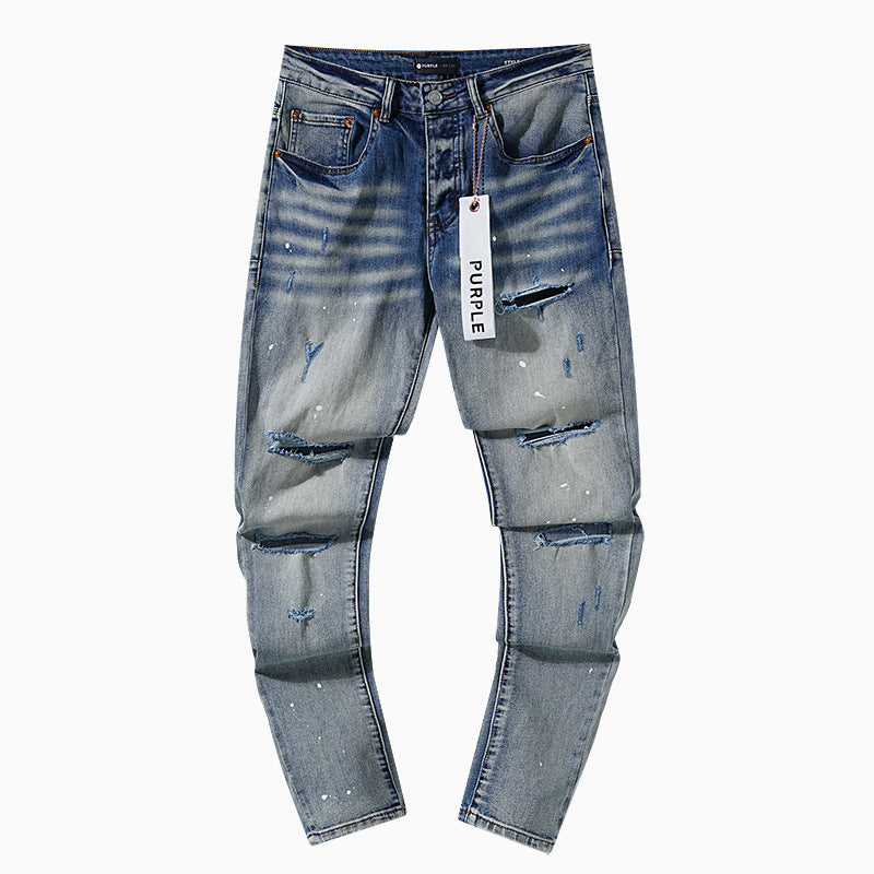 Jeans Washed and Distressed Retro Tattered Jeans Splash Ink Ruffle Handsome and Beautiful Style(2)