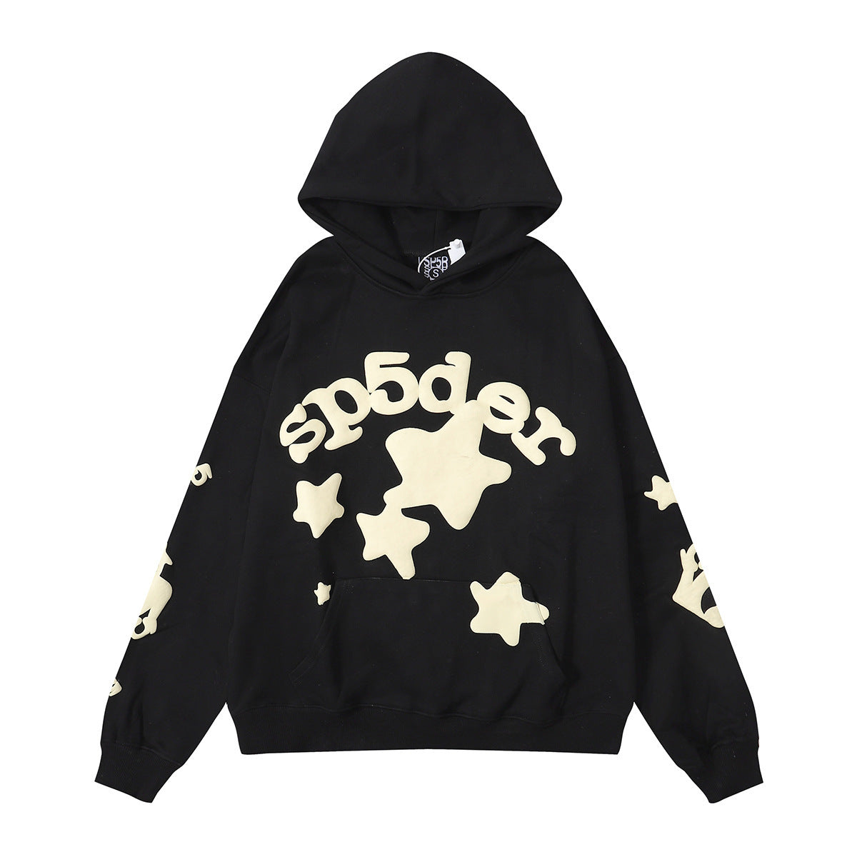 Beautiful Fashion Brand Men's and Women's Same Style 555555 Cobweb Puff Print Hip Hop Loose Heavy Terry Hooded Sweater Set(NO  Fleece Lined)