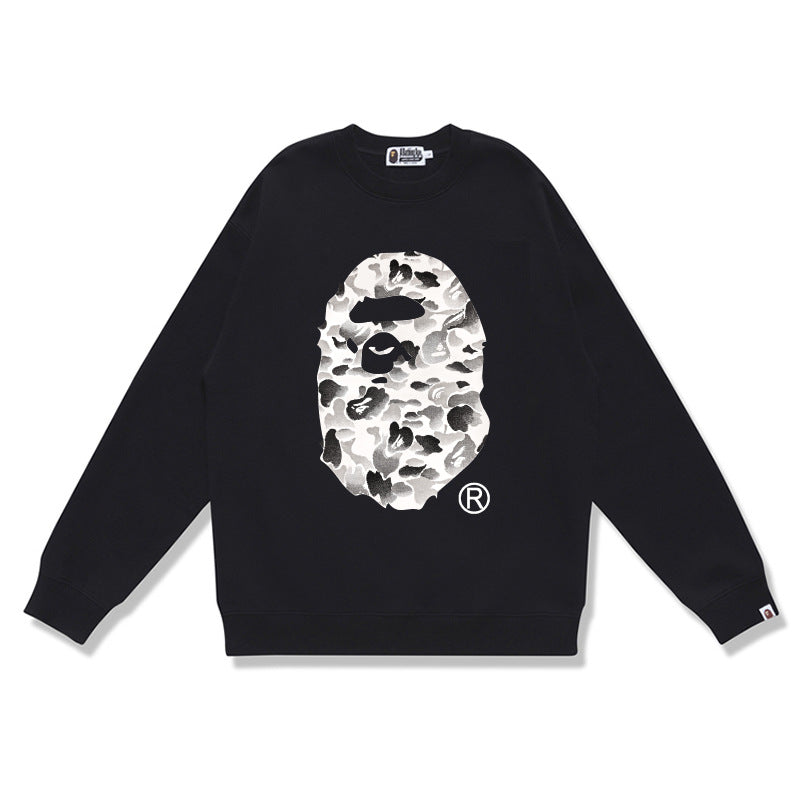 Terry Sweatshirt with Ape Man Letter Print, Unisex, Pure Cotton, Loose Fit, Thin, Crew Neck Pullover Top, Outerwear