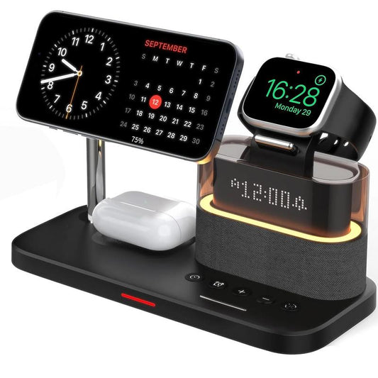 5-in-1 Wireless Charger for Smartphone, Wireless Multifunctional Charger with Clock, Magnetic Electronic Digital Wireless Charger Stand for iPhone 15/14/13/12, Apple Watch Series & Airpods, Mobile Phone Charging Accessories