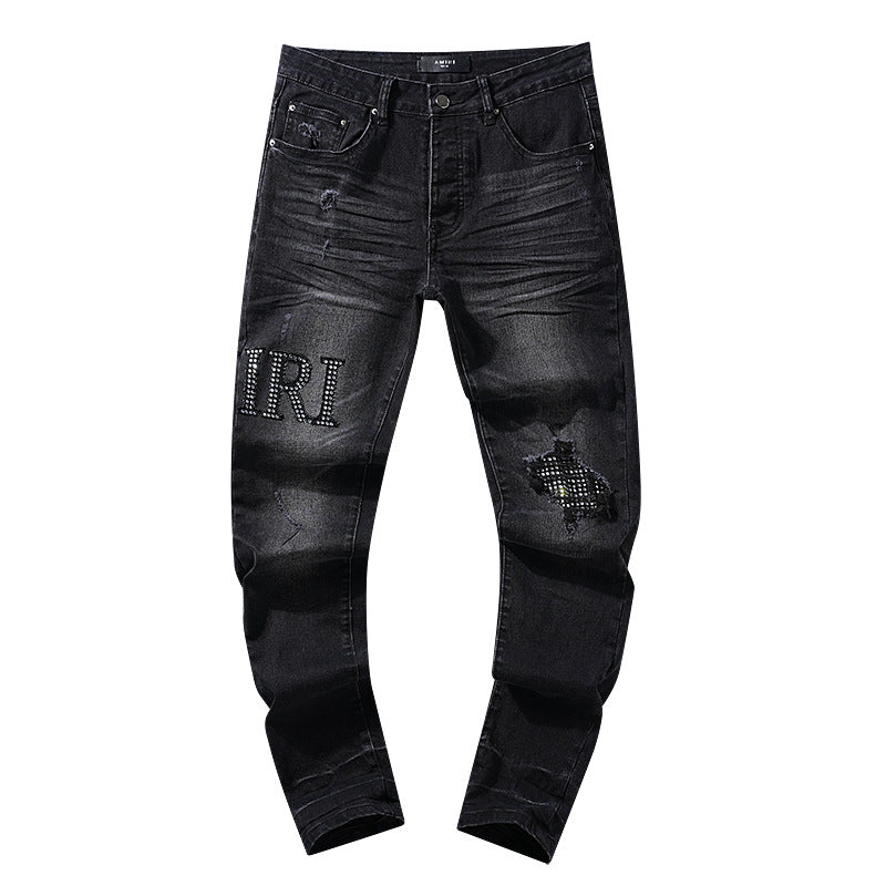 Jeans Washed and Distressed Retro Tattered Jeans Splash Ink Ruffle Handsome and Beautiful Style(2)