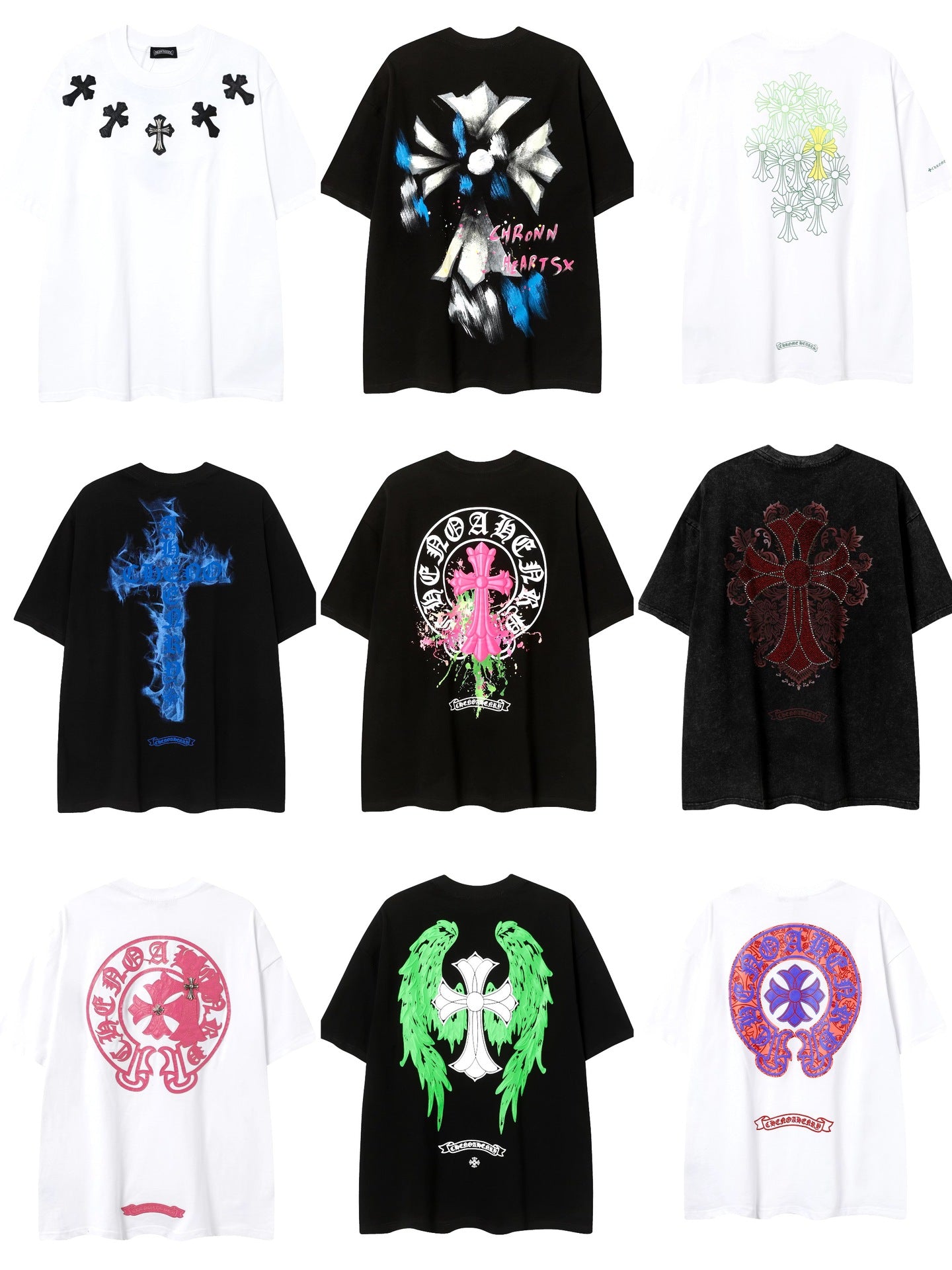2025 New CHRM Heart Cross Sanskrit Patch Print Embroidery Loose Short Sleeve for Men and Women