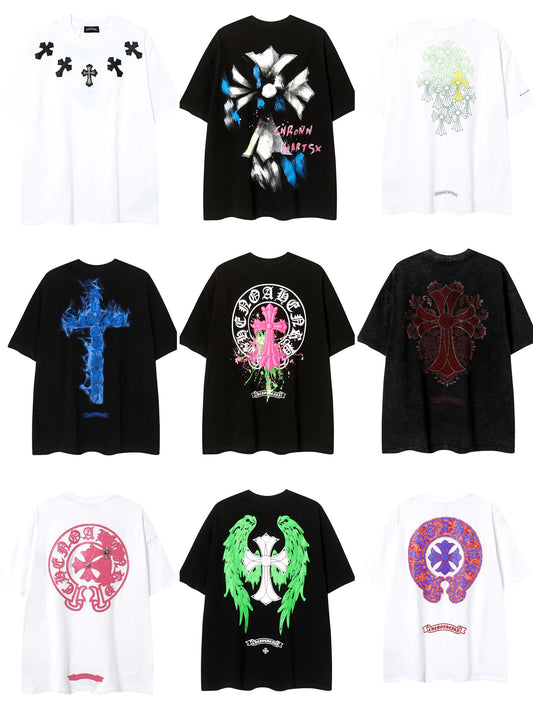 2025 New CHRM Heart Cross Sanskrit Patch Print Embroidery Loose Short Sleeve for Men and Women