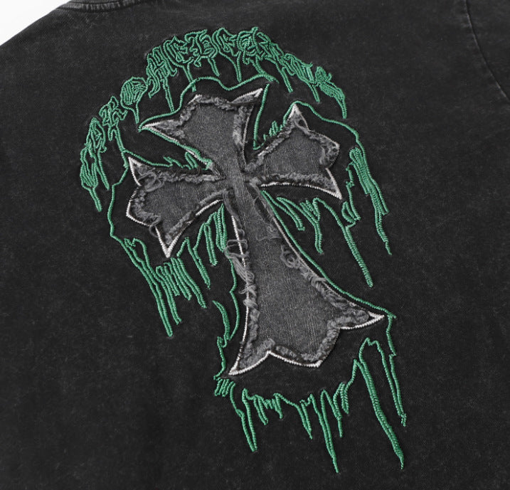 2025 New CHRM Heart Cross Sanskrit Patch Print Embroidery Loose Short Sleeve for Men and Women