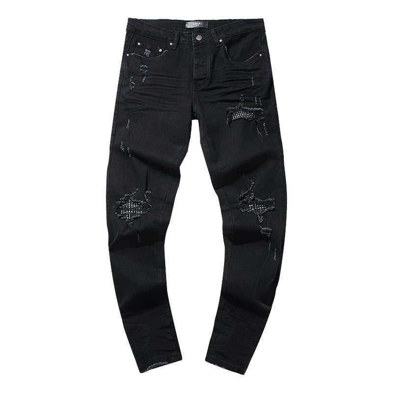 Jeans Washed and Distressed Retro Tattered Jeans Splash Ink Ruffle Handsome and Beautiful Style(2)