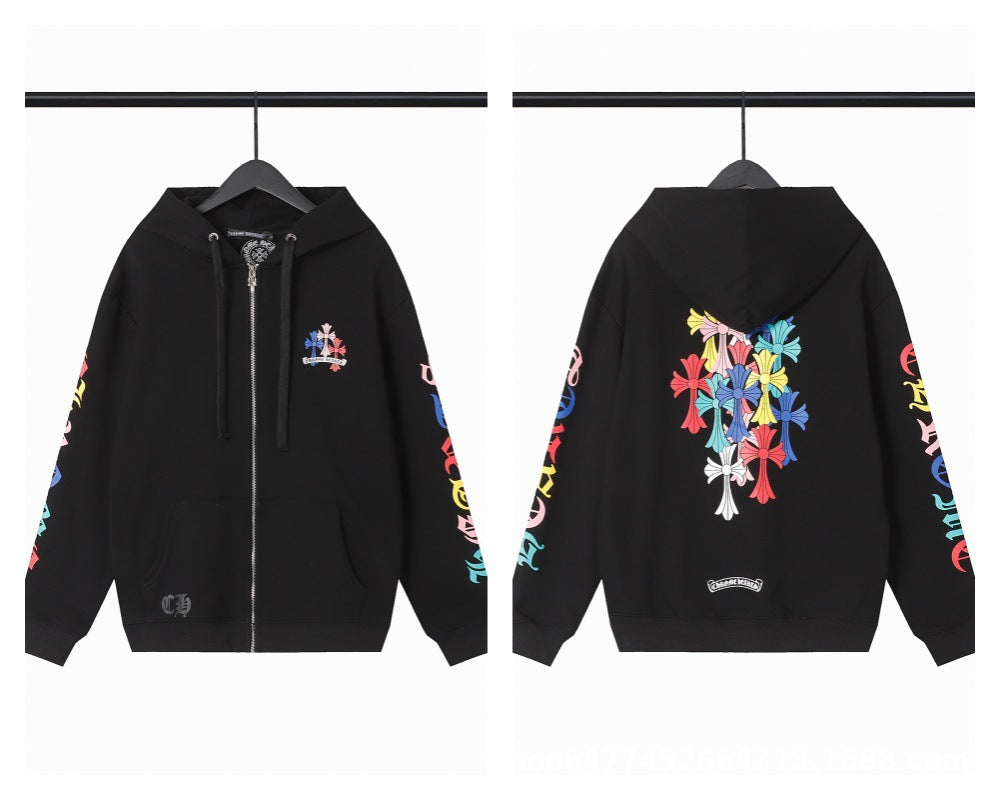 CH Autumn Winter New Cross Scroll Simple Classic Hooded Sweatshirt Zipper Pure Cotton Jacket