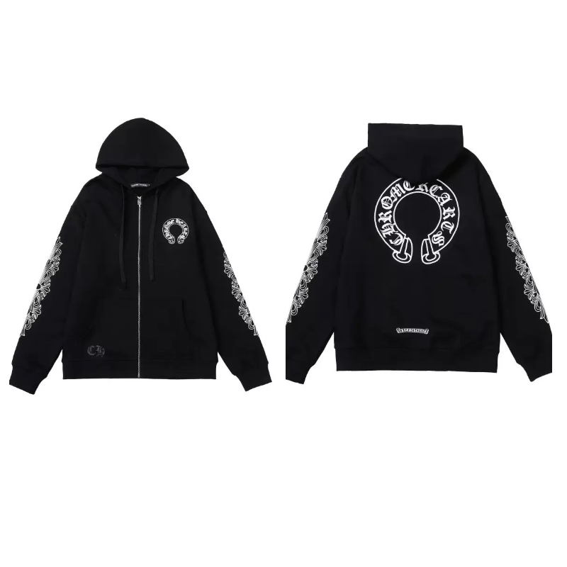CH Autumn Winter New Cross Scroll Simple Classic Hooded Sweatshirt Zipper Pure Cotton Jacket