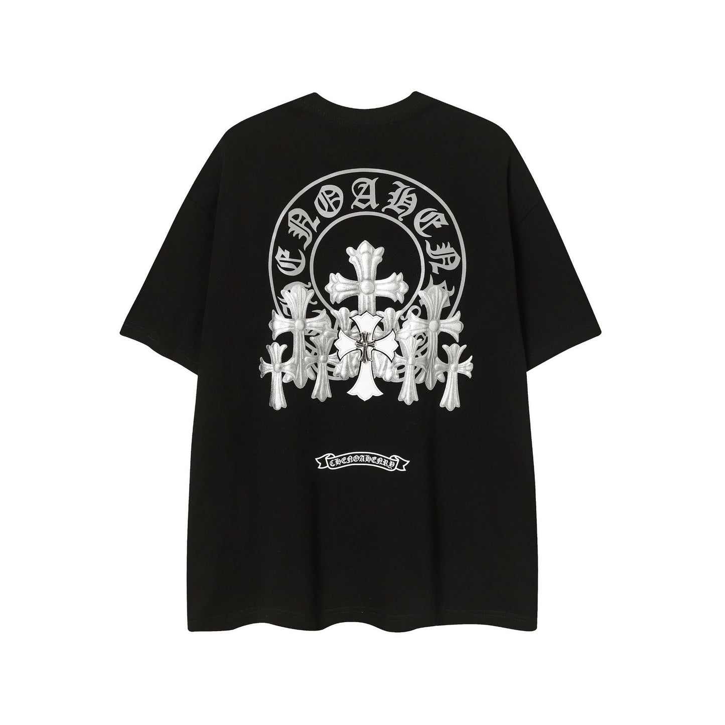 2025 New CHRM Heart Cross Sanskrit Patch Print Embroidery Loose Short Sleeve for Men and Women
