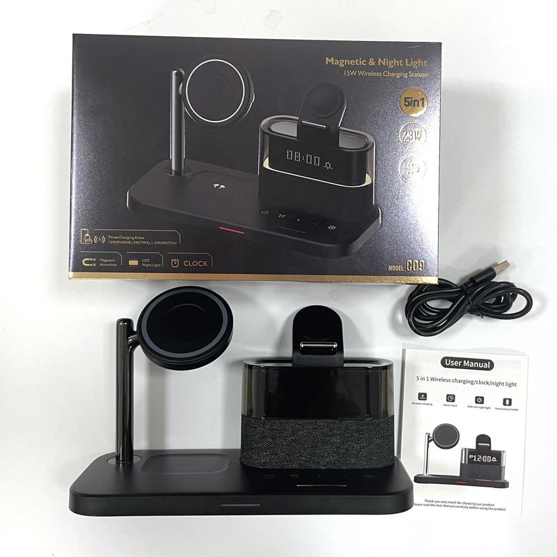 5-in-1 Wireless Charger for Smartphone, Wireless Multifunctional Charger with Clock, Magnetic Electronic Digital Wireless Charger Stand for iPhone 15/14/13/12, Apple Watch Series & Airpods, Mobile Phone Charging Accessories