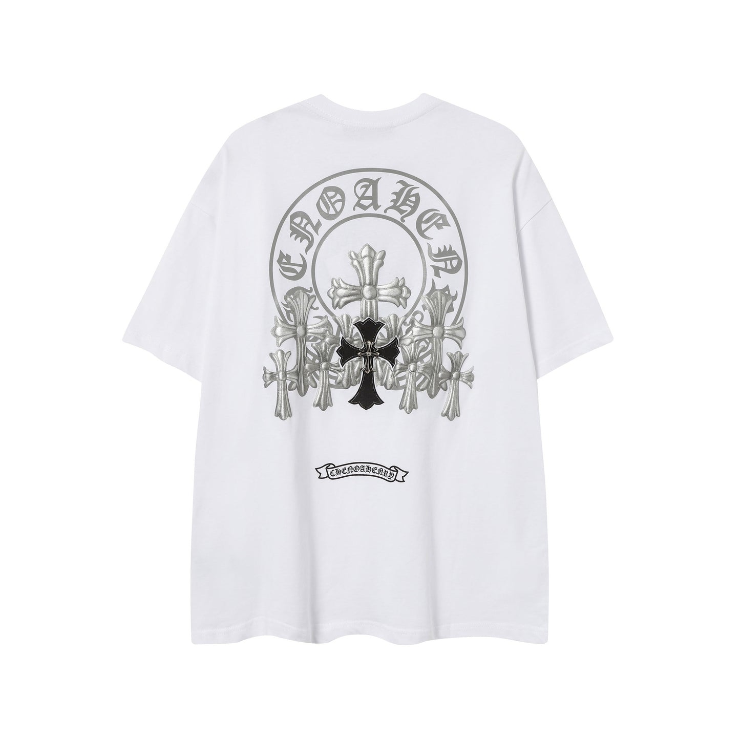 2025 New CHRM Heart Cross Sanskrit Patch Print Embroidery Loose Short Sleeve for Men and Women