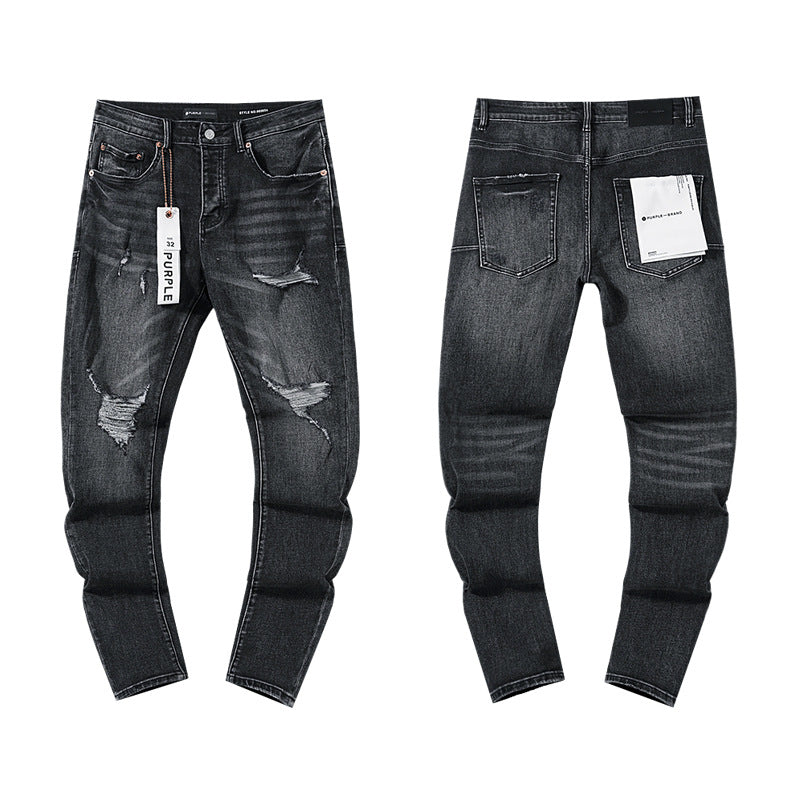Jeans Washed and Distressed Retro Tattered Jeans Splash Ink Ruffle Handsome and Beautiful Style(2)