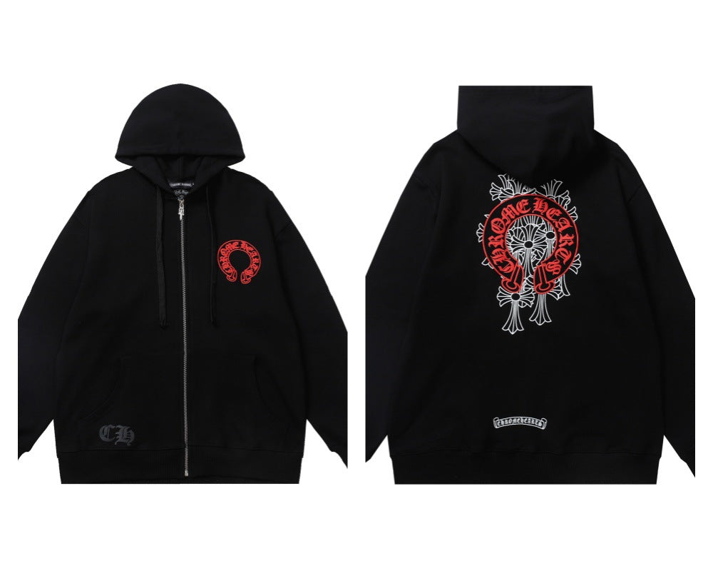 CH Autumn Winter New Cross Scroll Simple Classic Hooded Sweatshirt Zipper Pure Cotton Jacket