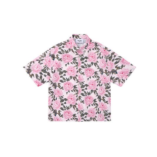 Peony Floral Short Sleeve Shirt Flower Men & Women Trendy Loose Casual Top