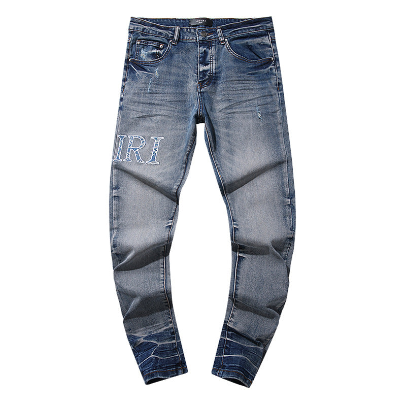 Jeans Washed and Distressed Retro Tattered Jeans Splash Ink Ruffle Handsome and Beautiful Style(2)