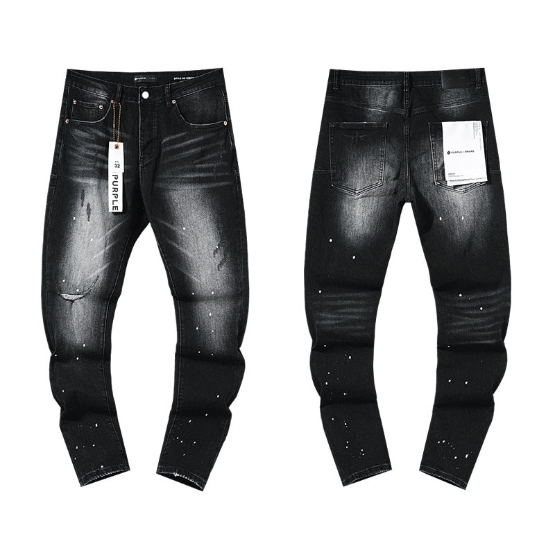 Jeans Washed and Distressed Retro Tattered Jeans Splash Ink Ruffle Handsome and Beautiful Style(2)