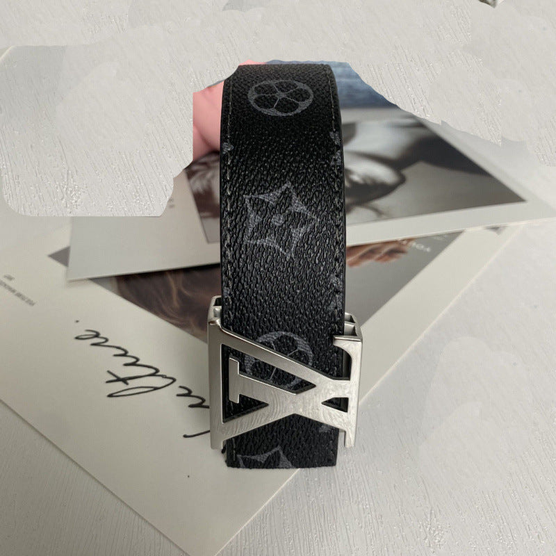 New Men's Belt Smooth Buckle Waist Belt Letter Youth Plaid Pattern Belt Korean Style Trendy Casual Versatile