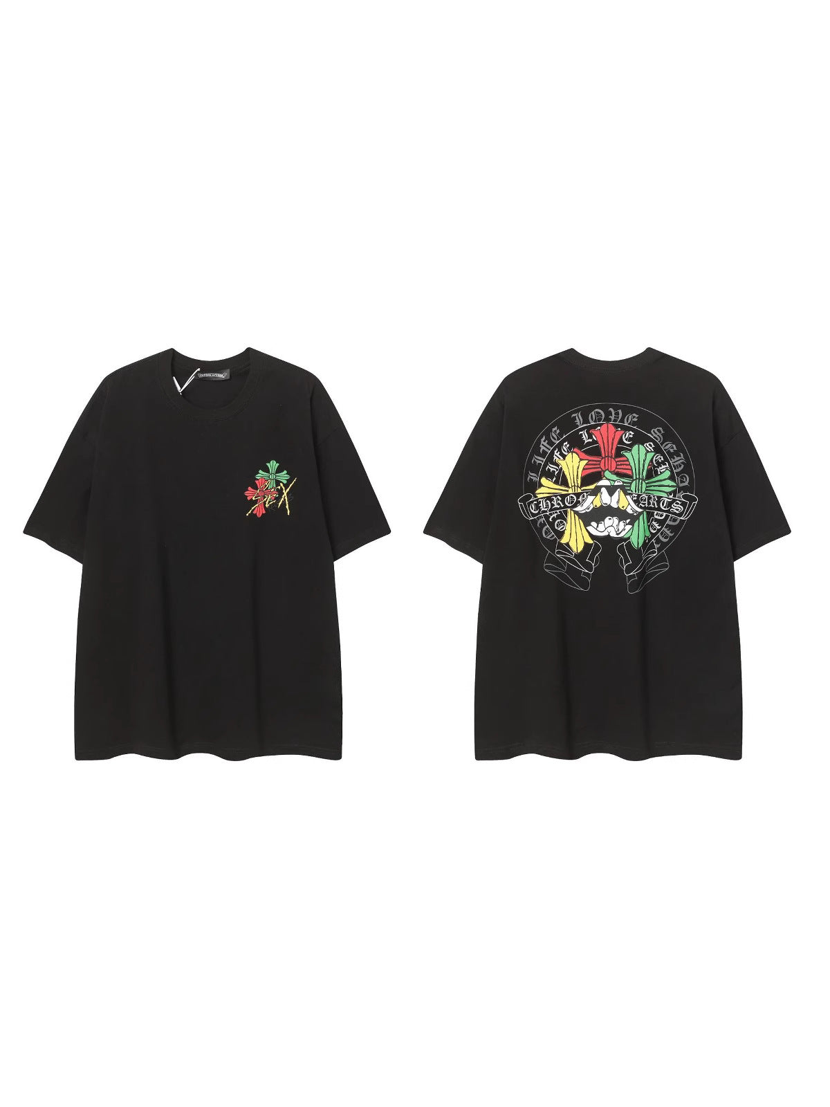 2025 New CHRM Heart Cross Sanskrit Patch Print Embroidery Loose Short Sleeve for Men and Women