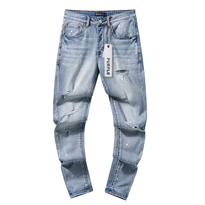 Jeans Washed and Distressed Retro Tattered Jeans Splash Ink Ruffle Handsome and Beautiful Style(2)