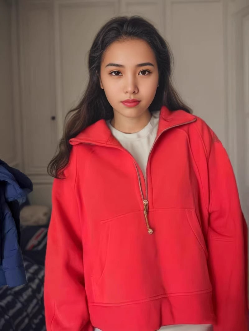Lulu Half Turtleneck Sweatshirt Casual Style Women Autumn Winter New Casual Fleece Pullover Half Zipper Short Jacket