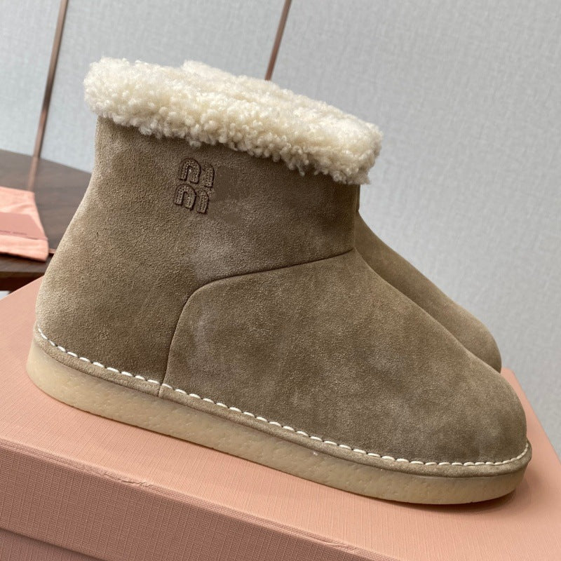 French Style Sheepskin Thick-Soled Snow Boots Round Toe Cow Suede Patchwork Warm Short Boots Versatile Flat Short Cotton Boots