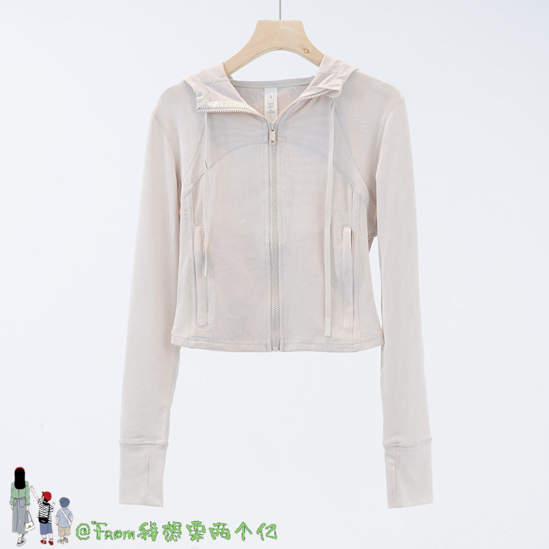 Lulu Same Style Short Mesh Hooded Jacket Yoga Clothes Mesh Define Sports Thin Casual Jacket Women