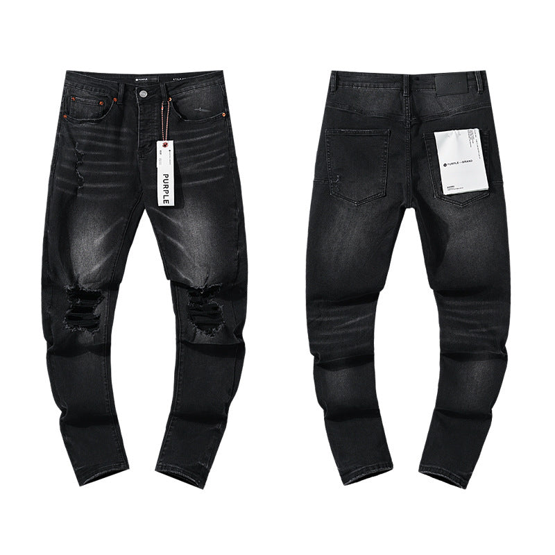 Jeans Washed and Distressed Retro Tattered Jeans Splash Ink Ruffle Handsome and Beautiful Style(2)