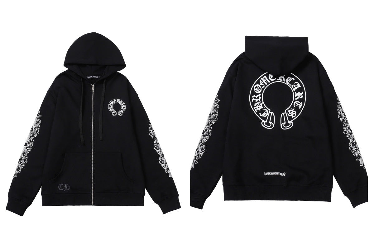 CH Autumn Winter New Cross Scroll Simple Classic Hooded Sweatshirt Zipper Pure Cotton Jacket