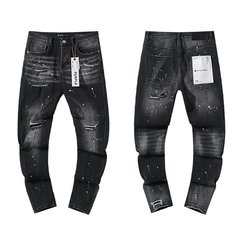 Jeans Washed and Distressed Retro Tattered Jeans Splash Ink Ruffle Handsome and Beautiful Style(2)