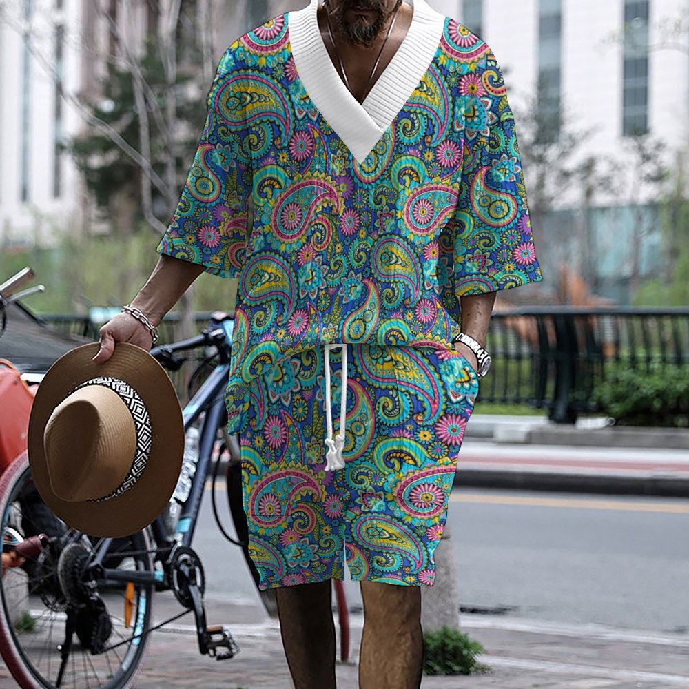 Graffiti Print Men's Three-Quarter Sleeve Short Sleeve Shorts Oversize Drop Shoulder Casual Set