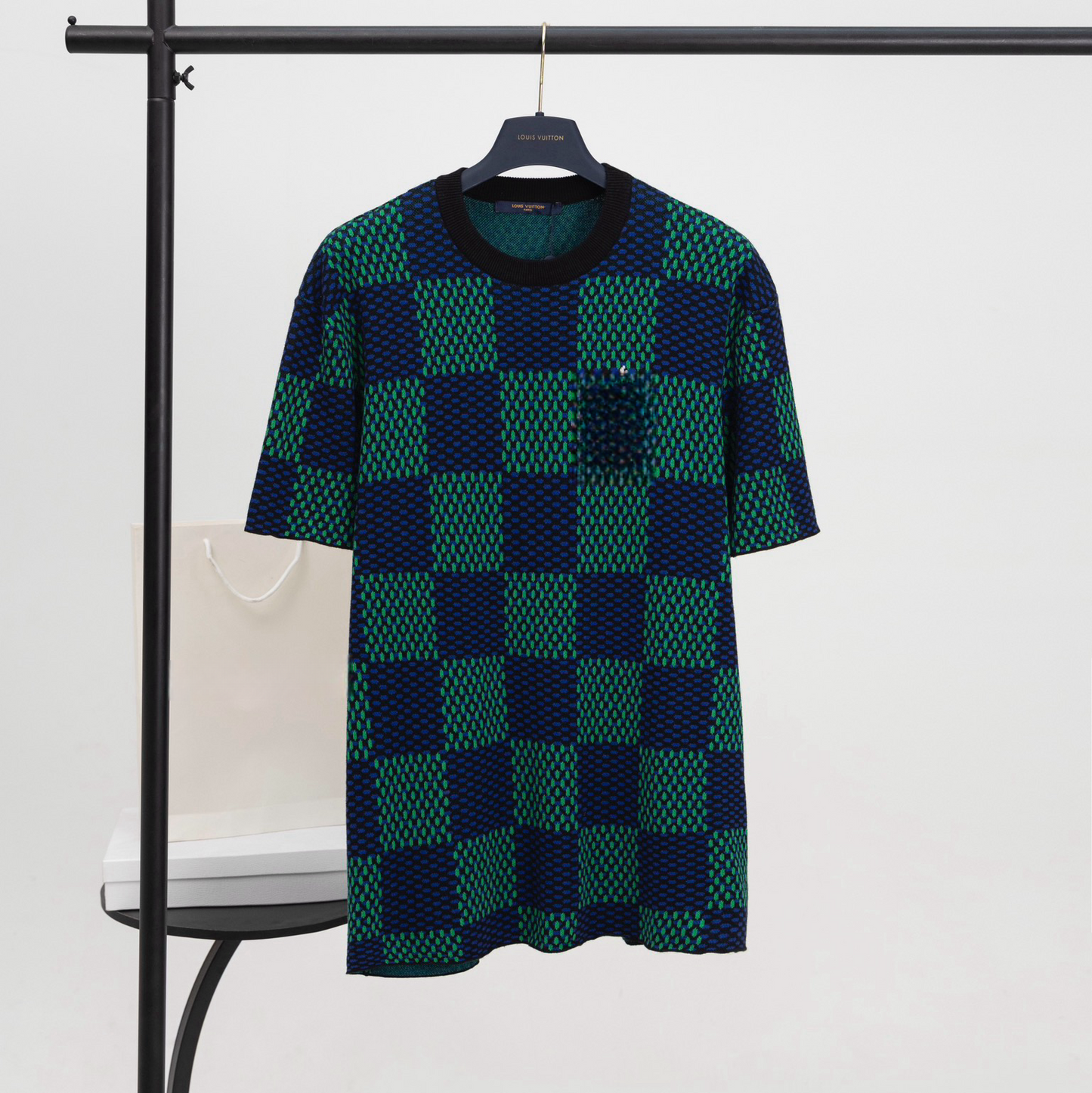 2025 Spring/Summer Show Collection! Chessboard Pattern Knitted Jacquard Short Sleeve Shirt, with Damier Design - A Must-Have Eye-Catching T-SHIRT Short Sleeve Shirt!