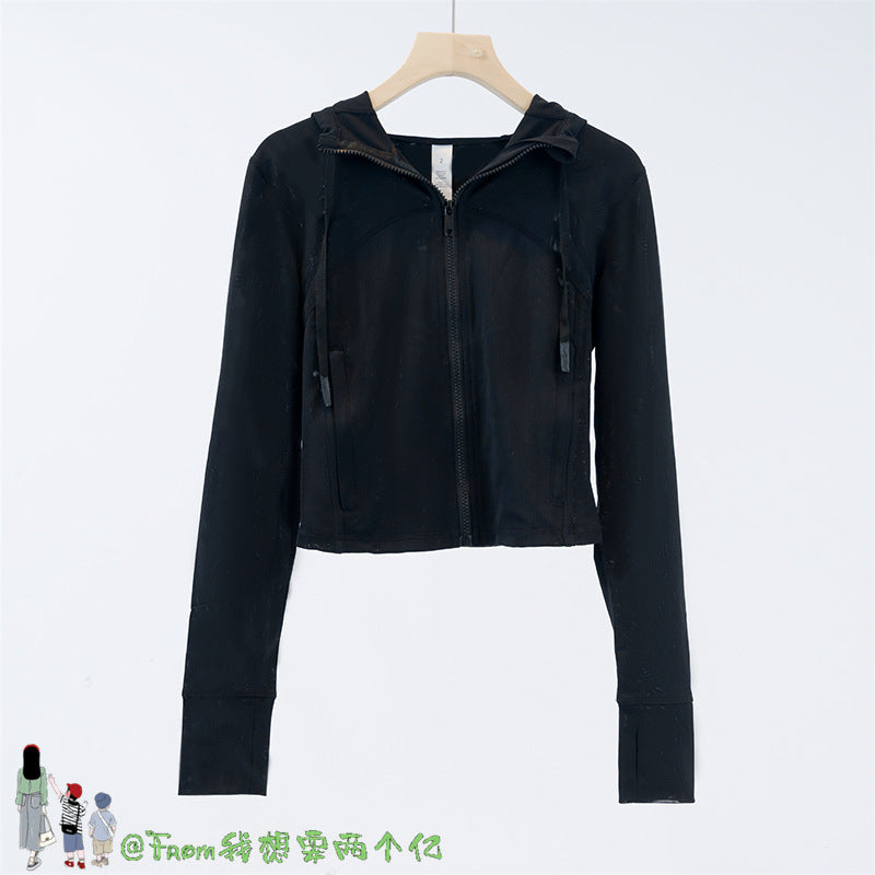 Lulu Same Style Short Mesh Hooded Jacket Yoga Clothes Mesh Define Sports Thin Casual Jacket Women