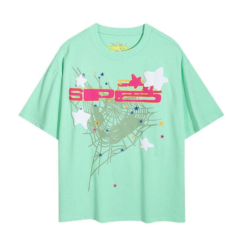 2024 New European and American Fashion Brand Male and Female Couples Wear plus Size Loose SP5-Der Spider Web Printed Short Sleeve T-shirt