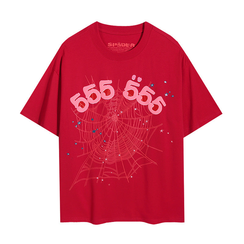 2024 New European and American Fashion Brand Male and Female Couples Wear plus Size Loose SP5-Der Spider Web Printed Short Sleeve T-shirt
