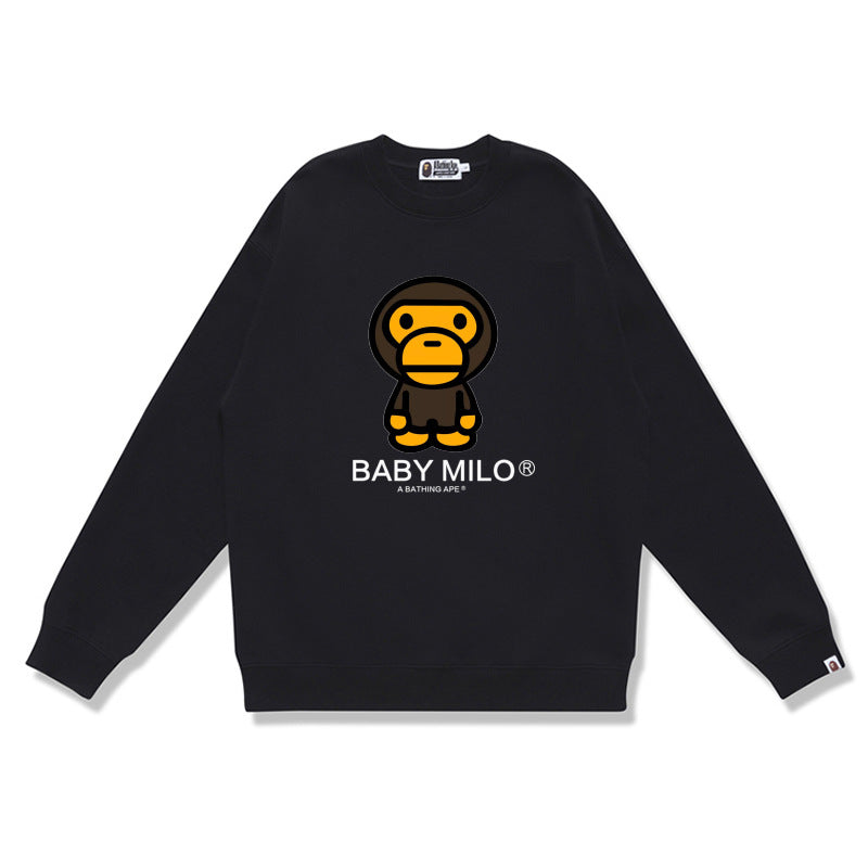 Terry Sweatshirt with Ape Man Letter Print, Unisex, Pure Cotton, Loose Fit, Thin, Crew Neck Pullover Top, Outerwear