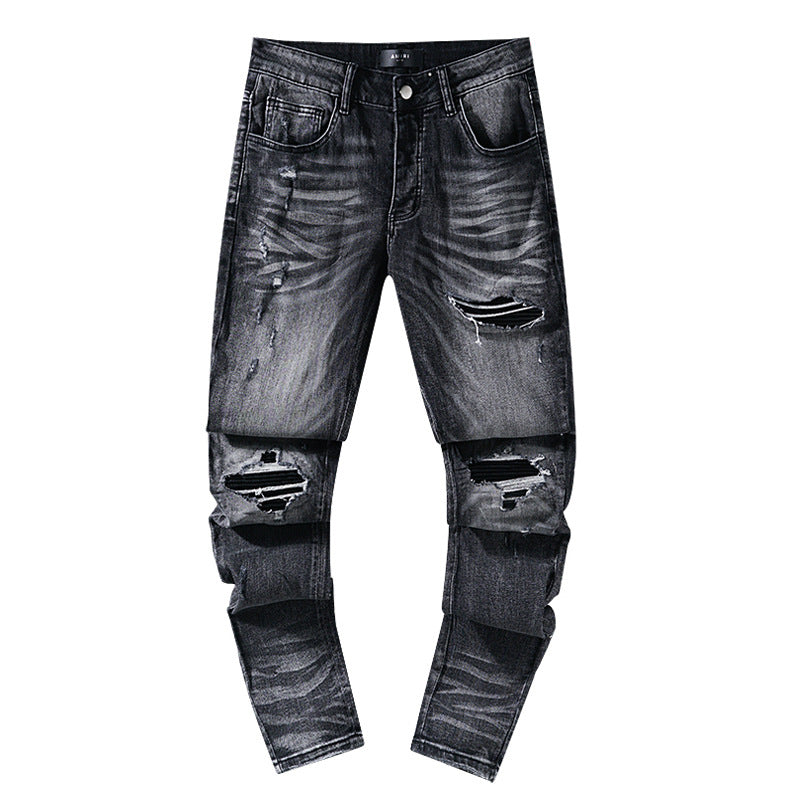 Jeans Washed and Distressed Retro Tattered Jeans Splash Ink Ruffle Handsome and Beautiful Style(2)