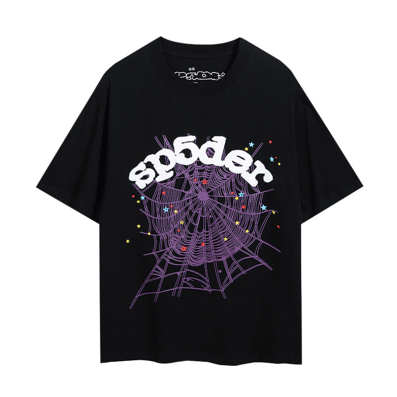 2024 New European and American Fashion Brand Male and Female Couples Wear plus Size Loose SP5-Der Spider Web Printed Short Sleeve T-shirt
