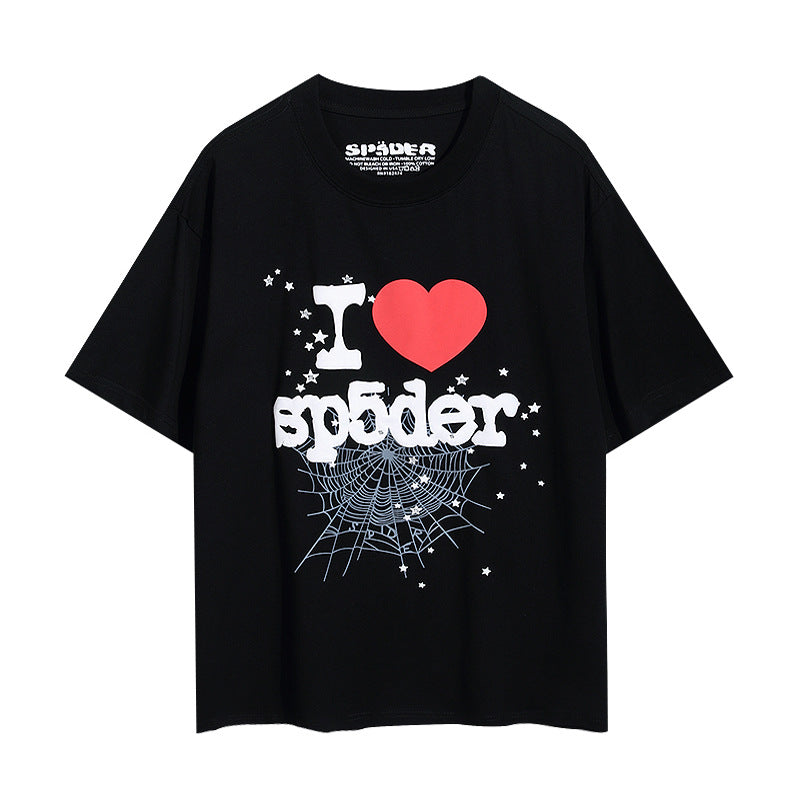 2024 New European and American Fashion Brand Male and Female Couples Wear plus Size Loose SP5-Der Spider Web Printed Short Sleeve T-shirt