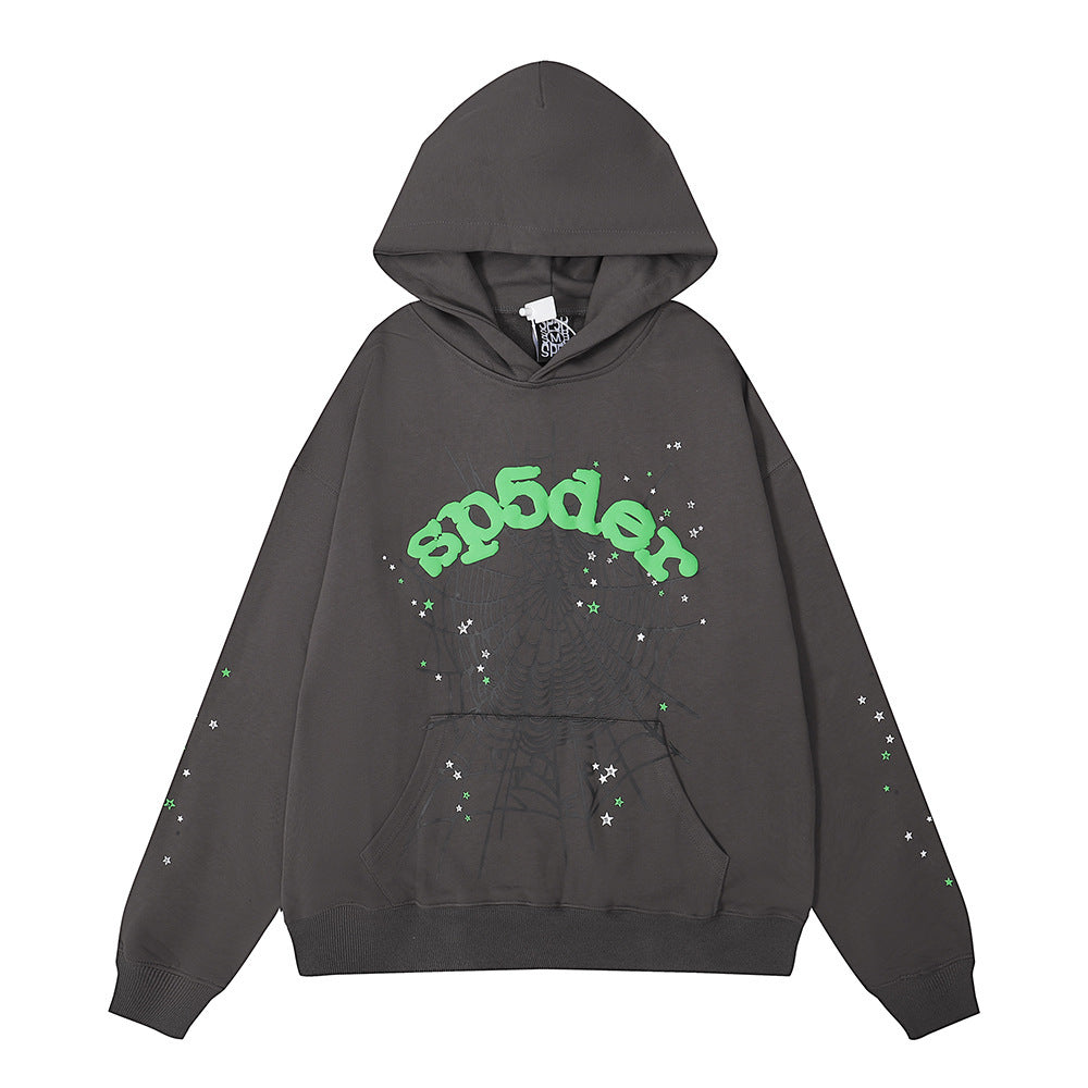 Beautiful Fashion Brand Men's and Women's Same Style 555555 Cobweb Puff Print Hip Hop Loose Heavy Terry Hooded Sweater Set(NO  Fleece Lined)