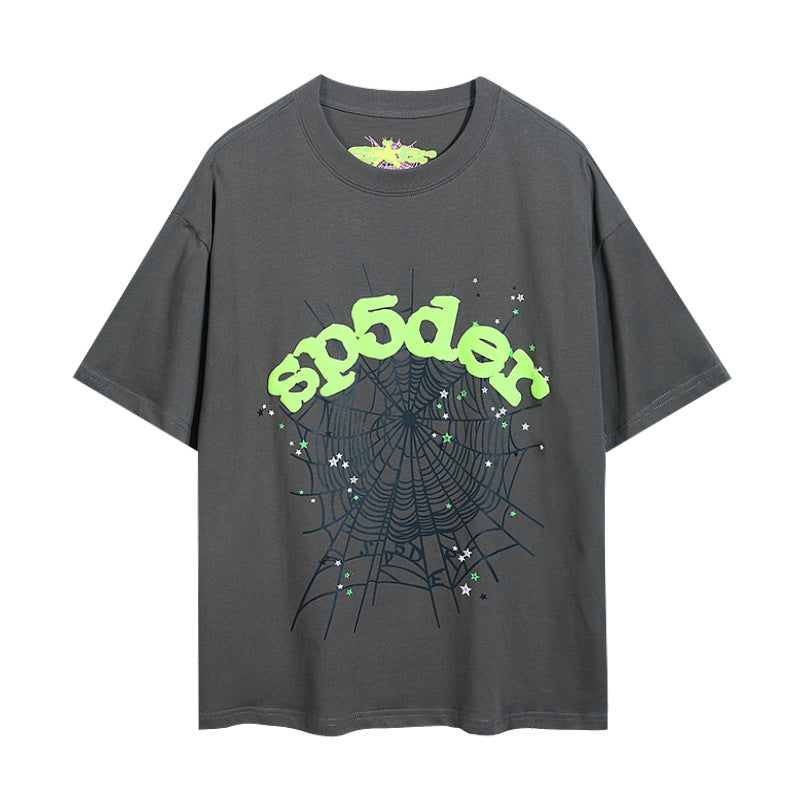 2024 New European and American Fashion Brand Male and Female Couples Wear plus Size Loose SP5-Der Spider Web Printed Short Sleeve T-shirt