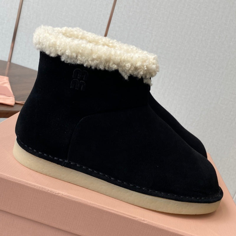 French Style Sheepskin Thick-Soled Snow Boots Round Toe Cow Suede Patchwork Warm Short Boots Versatile Flat Short Cotton Boots