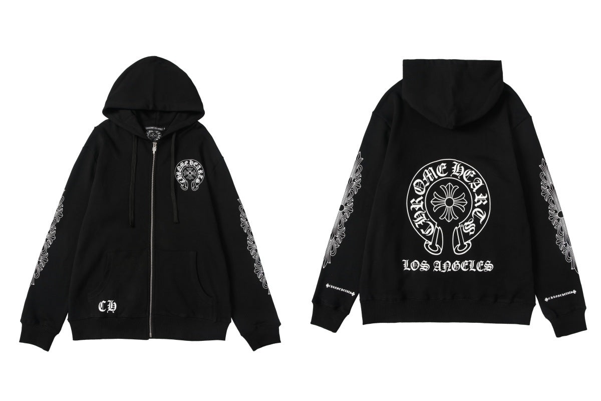 CH Autumn Winter New Cross Scroll Simple Classic Hooded Sweatshirt Zipper Pure Cotton Jacket