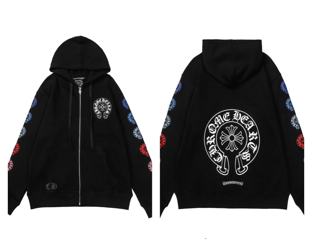 CH Autumn Winter New Cross Scroll Simple Classic Hooded Sweatshirt Zipper Pure Cotton Jacket