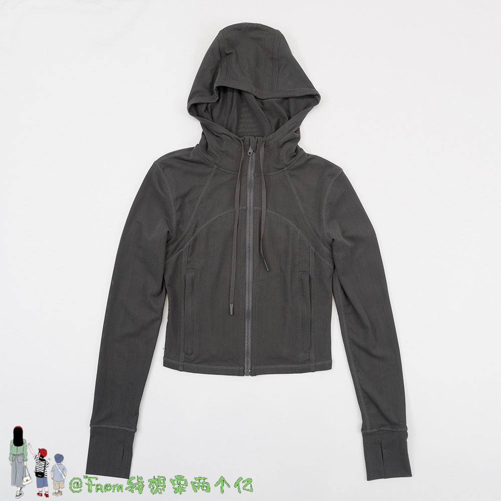 Lulu Same Style Short Mesh Hooded Jacket Yoga Clothes Mesh Define Sports Thin Casual Jacket Women