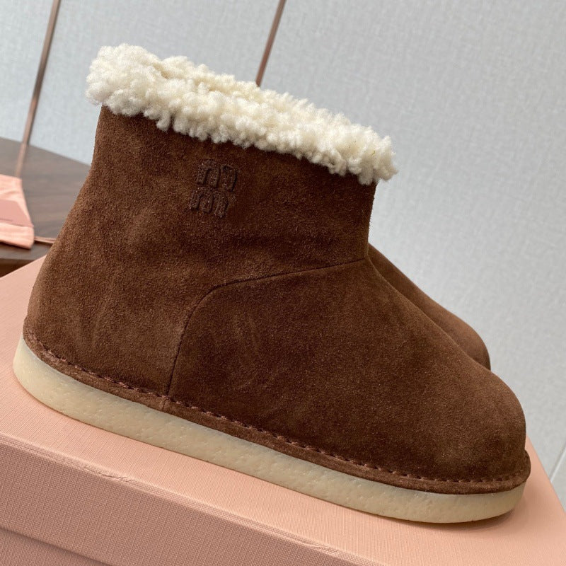French Style Sheepskin Thick-Soled Snow Boots Round Toe Cow Suede Patchwork Warm Short Boots Versatile Flat Short Cotton Boots