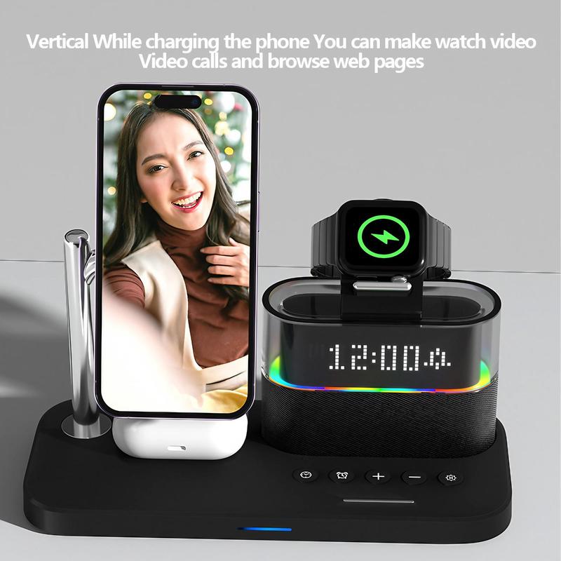 5-in-1 Wireless Charger for Smartphone, Wireless Multifunctional Charger with Clock, Magnetic Electronic Digital Wireless Charger Stand for iPhone 15/14/13/12, Apple Watch Series & Airpods, Mobile Phone Charging Accessories
