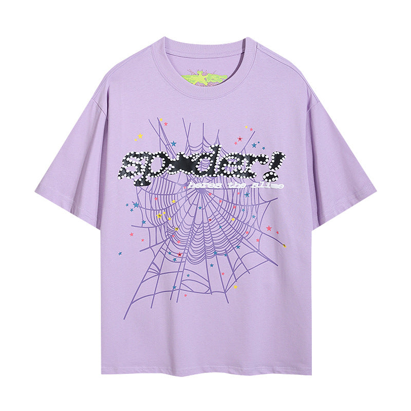 2024 New European and American Fashion Brand Male and Female Couples Wear plus Size Loose SP5-Der Spider Web Printed Short Sleeve T-shirt