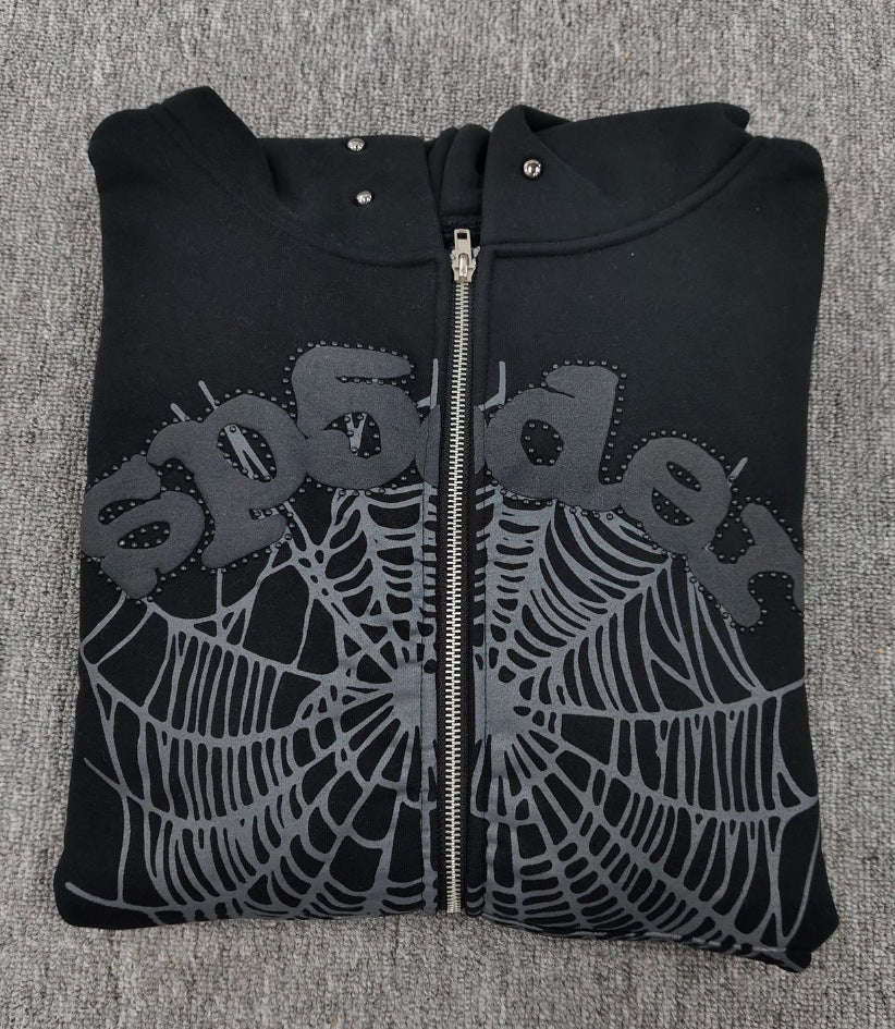 Trendy Brand Hoodie Casual Jacket Letter Black Strap Rhinestone Zipper Sp5-der Sweatshirt Men